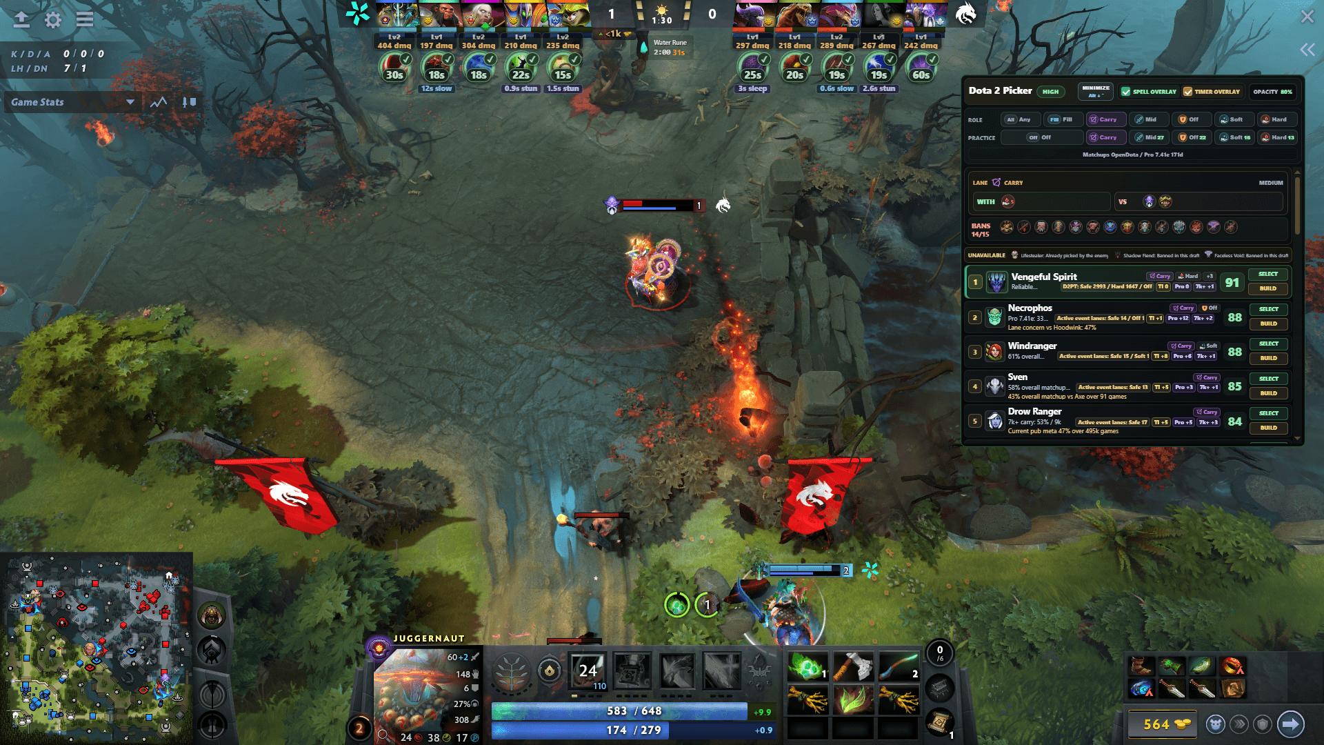 DotaSense companion overlays beside a live Dota 2 match, showing timer, spell, level, and hero-pick information
