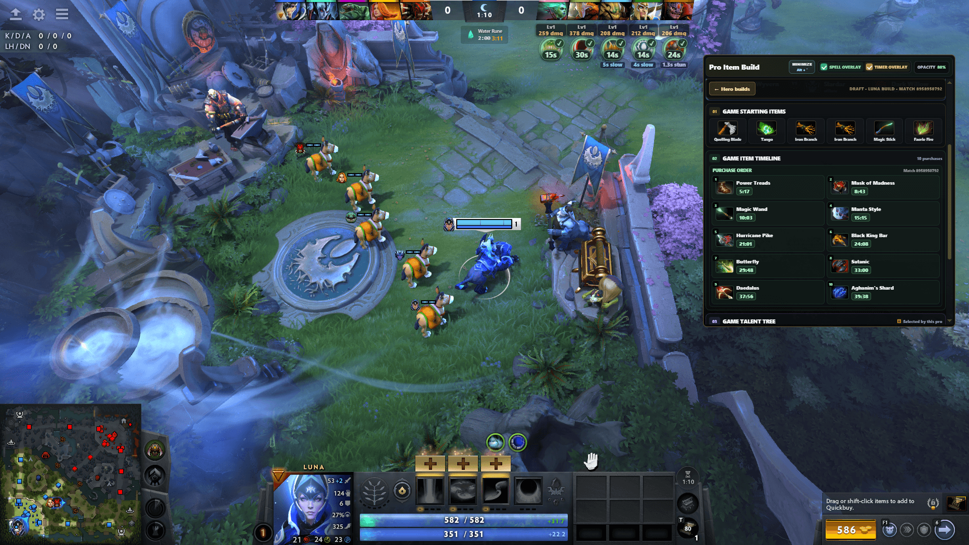 DotaSense Pro Item Build panel showing a Luna match starting inventory and item purchase timeline beside Dota 2