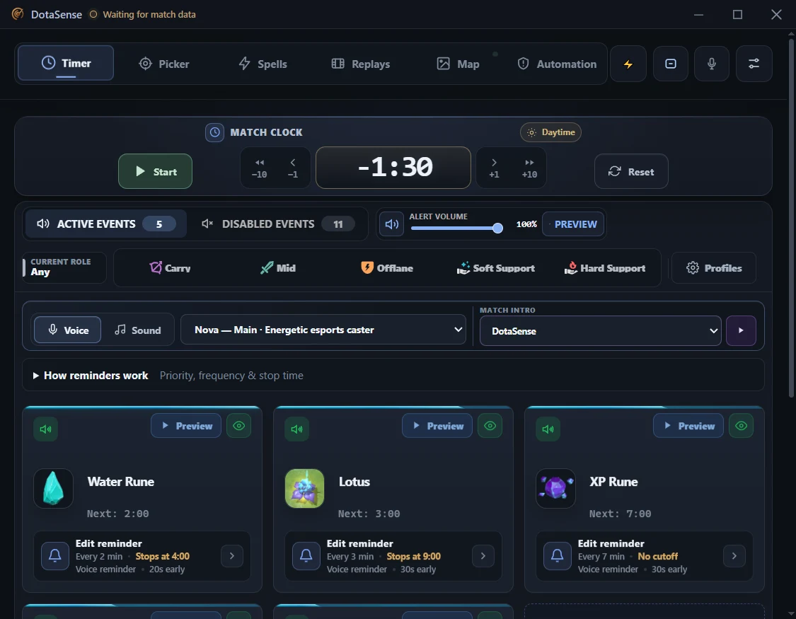Actual DotaSense Windows app showing the match clock, reminder controls, roles, and active timing events