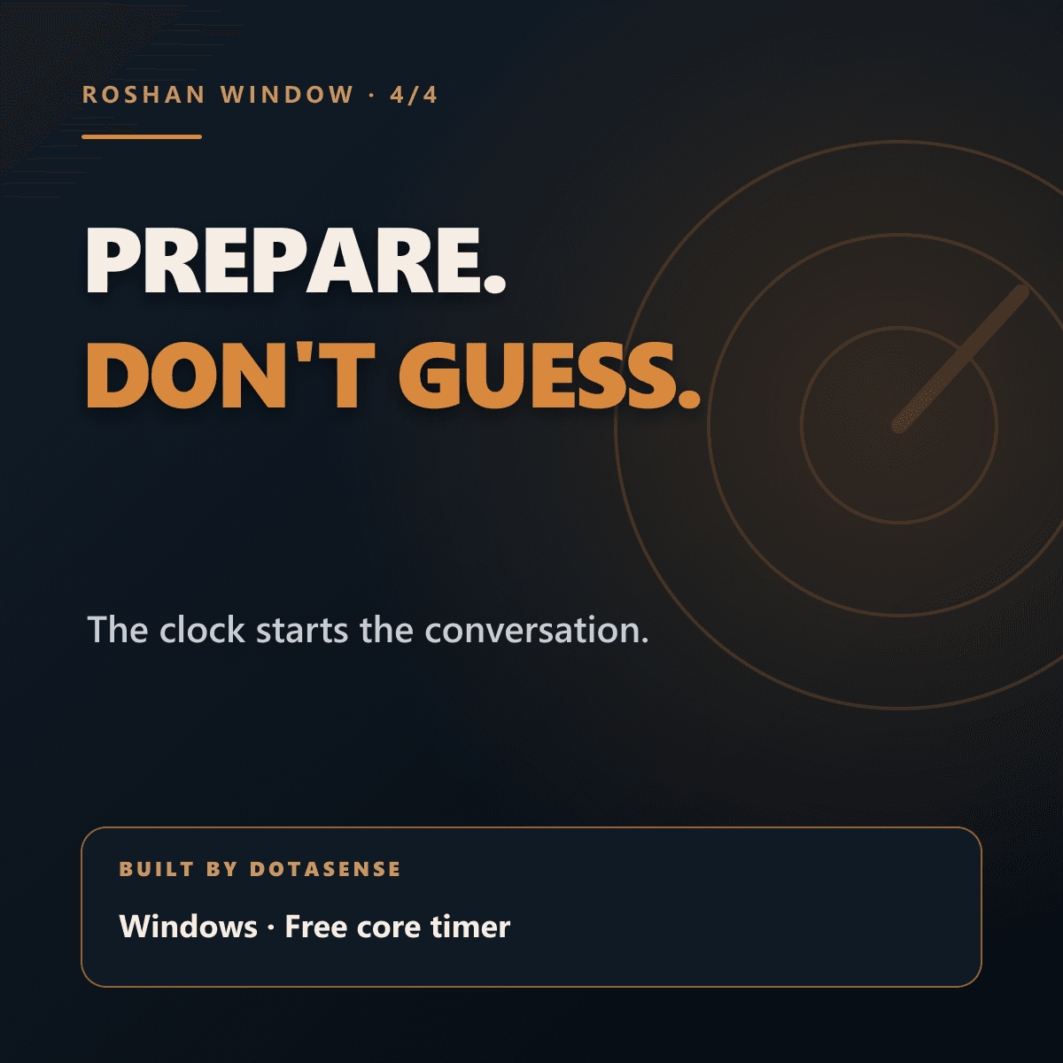 Slide 4 of 4. Prepare, do not guess. Built by DotaSense for Windows; the core timer is free.
